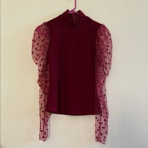 Maroon Blouse with Puff Sleeves and Mandarin Collar